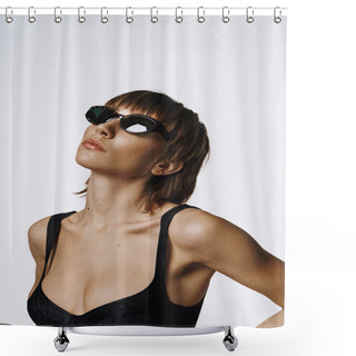 Personality  Stylish Woman In Black Swimsuit And Sunglasses. Shower Curtains