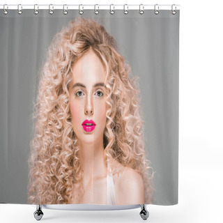 Personality  Portrait Of Attractive Young Woman With Long Curly Hair Looking At Camera Isolated On Grey  Shower Curtains