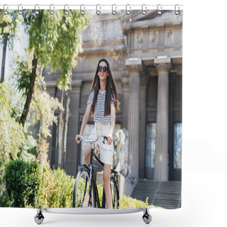 Personality  Young Smiling Woman In Sunglasses Riding Retro Bicycle On Street Shower Curtains