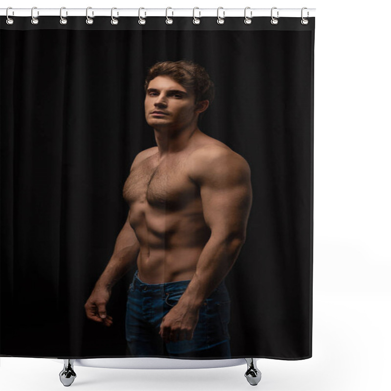 Personality  Sexy Man In Jeans With Bare Muscular Torso Isolated On Black Shower Curtains