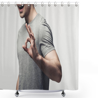 Personality  Cropped View Of Young Man Showing Ok Gesture Isolated On Grey, Human Emotion And Expression Concept Shower Curtains