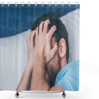 Personality  Grieving Man Lying In Bed, Covering Face With Hands And Crying At Home Shower Curtains