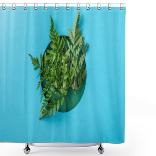 Personality  Green Fern Leaves As Decorations In Round Hole On Blue Paper  Shower Curtains