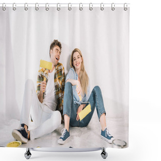 Personality  Happy Young Couple Sitting Near White Wall And Holding Yellow Paint Rollers Shower Curtains