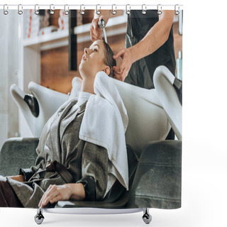 Personality  Cropped Shot Of Hairdresser Washing Hair To Attractive Young Woman In Beauty Salon  Shower Curtains