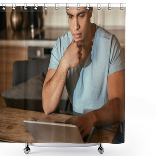 Personality  Thoughtful Mixed Race Freelancer Working With Laptop On Kitchen During Quarantine Shower Curtains