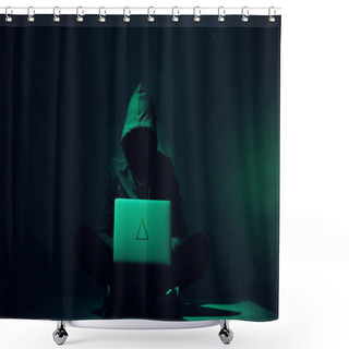 Personality  Toned Picture Of Silhouette Of Hacker In Hoodie Using Laptop Shower Curtains