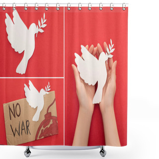 Personality  Collage Of Female Hands, White Paper Dove And Cardboard Placard With No War Lettering And Bomb On Red Background Shower Curtains