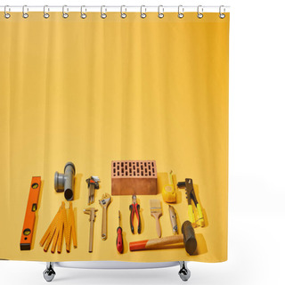 Personality  Flat Lay With Industrial Tools And Brick On Yellow Background Shower Curtains