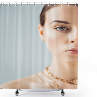 Personality  Cropped View Of Young Woman With Shiny Makeup In Golden Necklaces Looking At Camera Isolated On Grey Shower Curtains