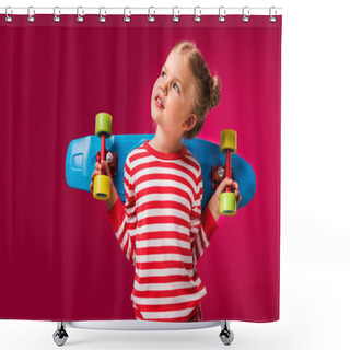 Personality  Adorable Stylish Kid Posing With Penny Board Isolated On Red Shower Curtains