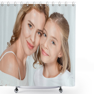 Personality  Attractive Mother And Smiling Daughter Looking At Camera Isolated On Grey  Shower Curtains