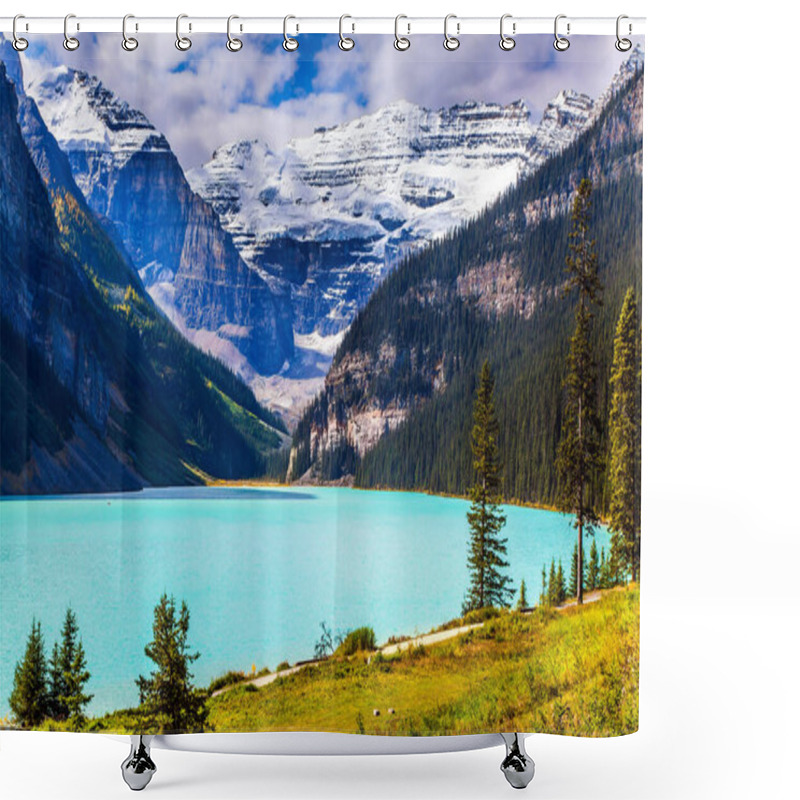 Personality  Travel To The Rocky Mountains Of Canada. The Lake With Azure Water Is Surrounded By Mountains And Forests. Glacial Lake Louise. Sunny Fine Day. The Concept Of Ecological, Active And Photo Tourism Shower Curtains