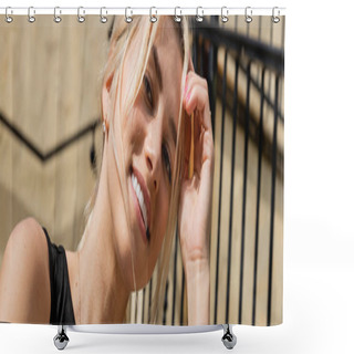 Personality  Sunshine On Face Of Cheerful Woman With Blonde Hair Smiling Outside, Banner Shower Curtains