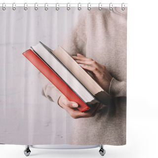 Personality  Close-up Partial View Of Young Woman Holding Books Shower Curtains