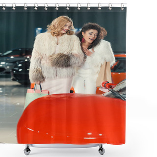 Personality  Young Women In Fur Coats Looking At Car In Showroom Shower Curtains