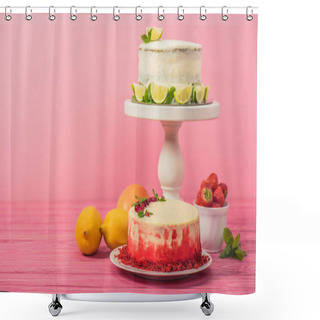 Personality  Cake Decorated With Currants And Mint Leaves Near Fruits And White Cake With Lemon Slices On Pink Wooden Surface Isolated On Pink Shower Curtains