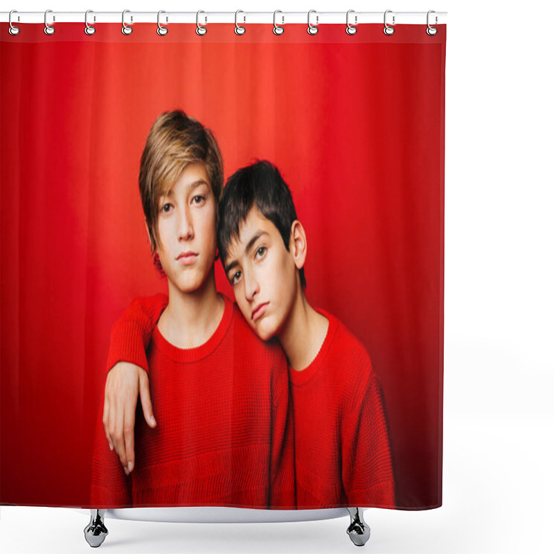 Personality  Two Pre-adolescent Boys, Wearing A Red Sweater, Embracing Over A Red Background Shower Curtains