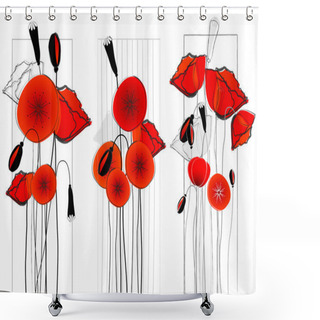 Personality  Set Of Beautiful Poppies Illustration Shower Curtains