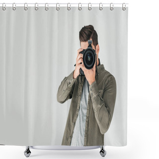 Personality  Photographer With Digital Photo Camera Shower Curtains