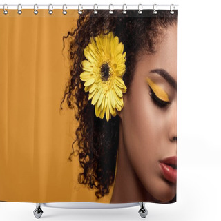 Personality  Close-up Portrait Of Young Sensual African American Woman With Artistic Make-up And Gerbera In Hair Isolated On Orange Background Shower Curtains