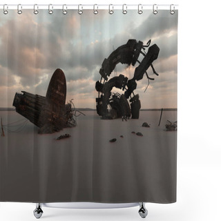 Personality  3D Rendered Sci-fi Scene With Wrecks In The Desert  Shower Curtains