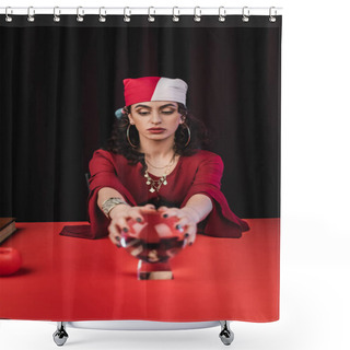 Personality  Gypsy Fortune Teller Touching Blurred Magic Orb On Table Isolated On Black  Shower Curtains