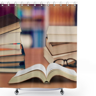 Personality  Books On  Wooden Table Shower Curtains