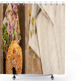 Personality  Top View Of Fresh Delicious Bagel With Meat, Red Onion And Sprouts On Wooden Cutting Board Near Napkin On Aged Beige Surface, Panoramic Shot Shower Curtains