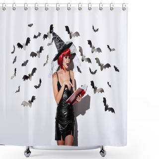 Personality  Girl In Black Witch Halloween Costume With Red Hair Reading Book Near White Wall With Decorative Bats Shower Curtains