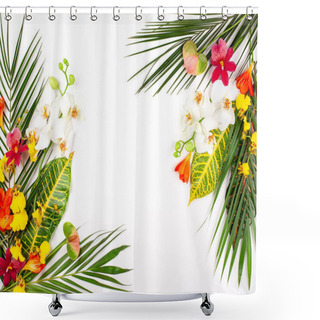 Personality  Composition With Fresh Tropical Leaves And Exotic Flowers On Whi Shower Curtains