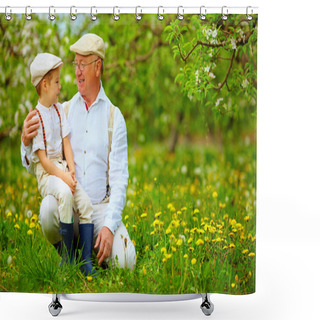 Personality  Happy Grandfather And Grandson In Spring Garden Shower Curtains