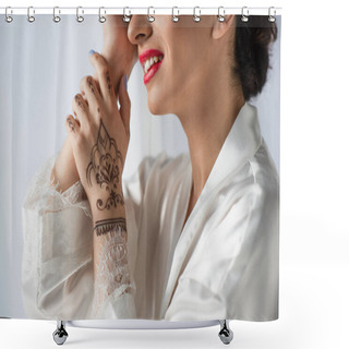 Personality  Cropped View Of Young And Happy Indian Bride Smiling Isolated On White Shower Curtains