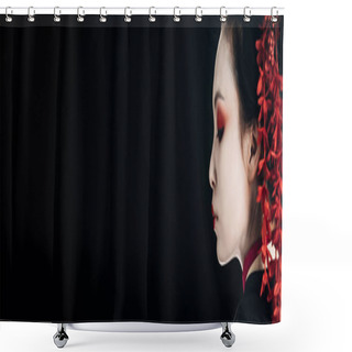 Personality  Profile Of Beautiful Geisha In Black And Red Kimono And Flowers In Hair Isolated On Black With Copy Space, Panoramic Shot Shower Curtains