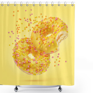 Personality  Two Glazed Donuts With Flying Sprinkles On Yellow Background. Shower Curtains