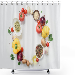 Personality  Top View Of Circle Of Vegetables And Spices Isolated On White Shower Curtains
