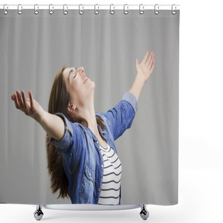 Personality  Happy Woman With Arms Raised Shower Curtains