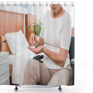 Personality  Woman In Wheelchair Taking Medicine Shower Curtains