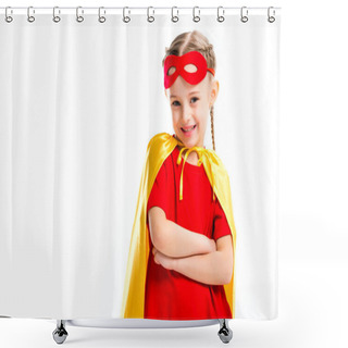 Personality  Excited Little Supergirl Wearing Yellow Cape With Red Mask For Eyes On Forehead  Isolated On White Shower Curtains