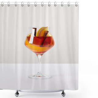 Personality  Close Up View Of Tasty Mulled Wine With Orange Pieces On White Tabletop On Grey Background Shower Curtains