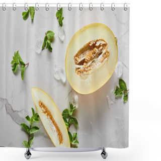 Personality  Top View Of Cut Delicious Melon With Seeds On Marble Surface With Mint And Ice Shower Curtains