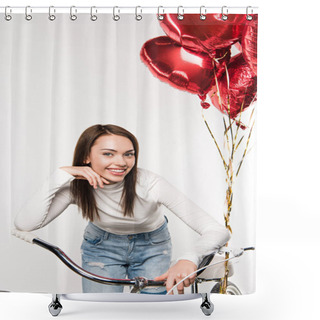Personality  Woman Leaning On Bike With Balloons Shower Curtains