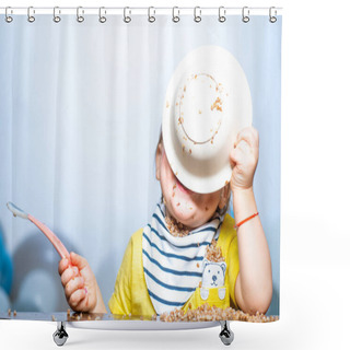 Personality  Funny Baby Eating. Little Baby Eating Dinner And Making A Mess. Shower Curtains