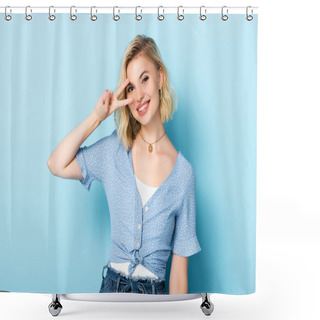 Personality  Young Woman Looking At Camera And Showing Victory Sign On Blue  Shower Curtains