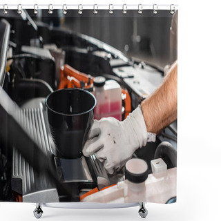 Personality  Cropped View Of Mechanic Holding Oil Funnel Near Car Engine Shower Curtains