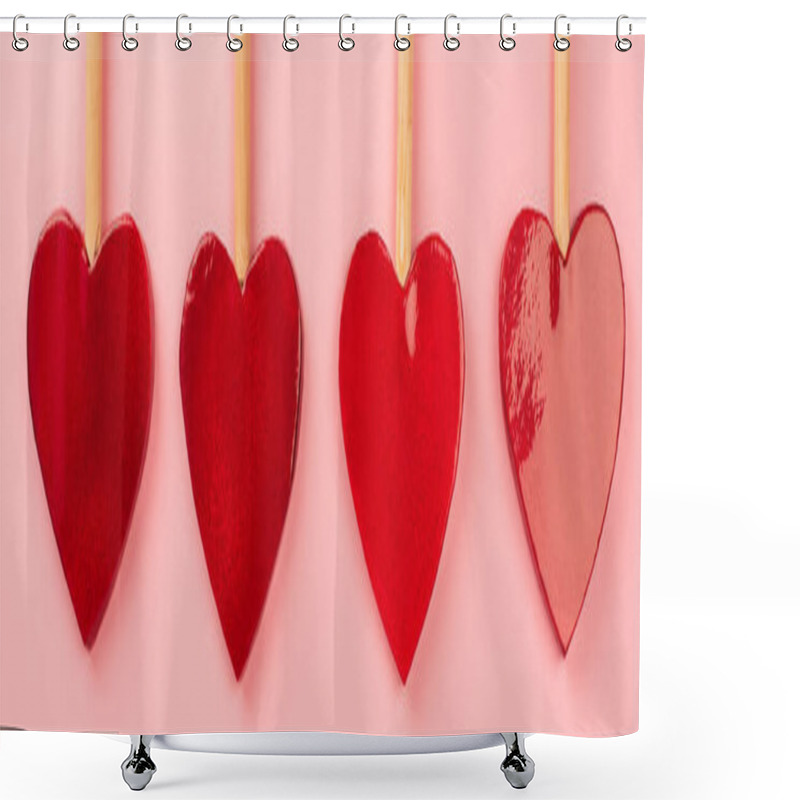 Personality  flat lay of heart-shaped lollipops isolated on pink, banner shower curtains