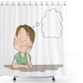 Personality  Small Cute Boy Daydreaming, Imagining Something. Original Hand D Shower Curtains