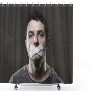 Personality  Attractive Young Man With Mouth Sealed On Duct Tape To Prevent Him From Speaking Shower Curtains