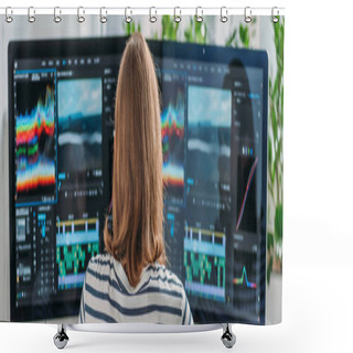 Personality  Panoramic Shot Of Editor Working Near Computer Monitors  Shower Curtains