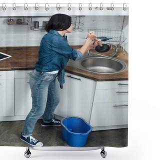 Personality  Woman In Blue Jeans Using Plunger In Kitchen Shower Curtains